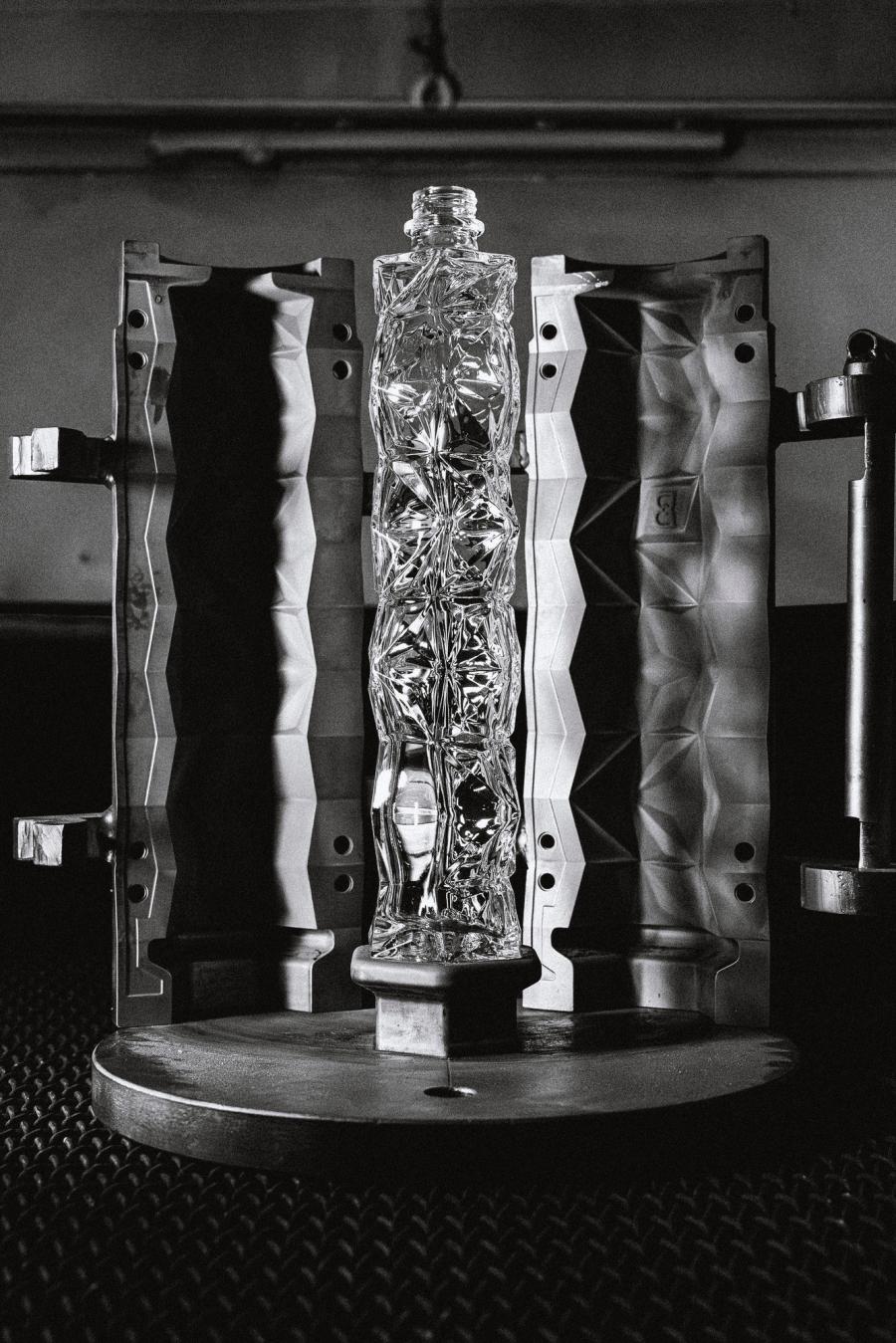Belvedere 10 crystal bottle in its glassworks mould