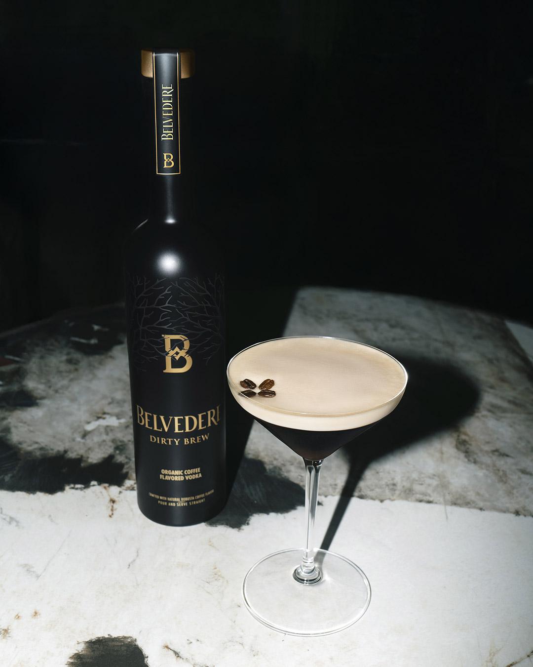 Dirty Brew bottle on a table and Espresso Dirty Brew cocktail