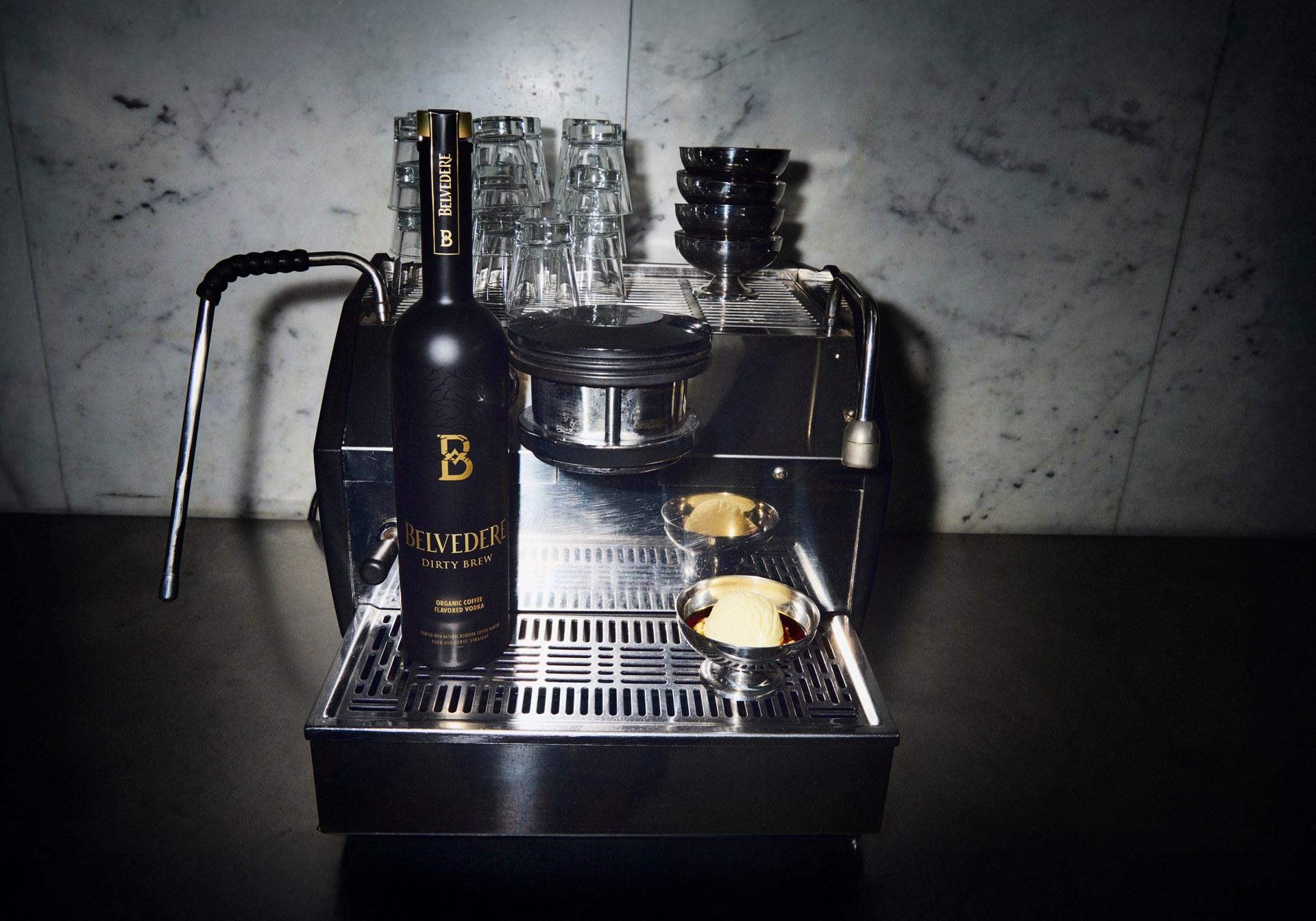 Belvedere Dirty Brew bottle on an espresso machine