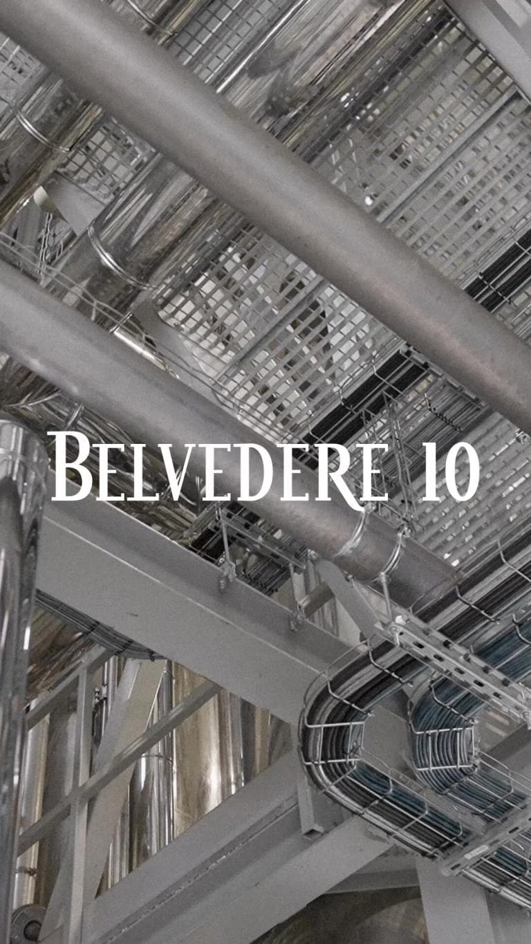 Stainless steel columns and walkways inside the Belvedere distillery, seen from below